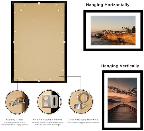 24x36 Poster Frame Set of 2, 24 x 36 Wood Picture Frames with Mat for 20x30, Wooden Photo Frame with Tempered Glass Cover for Wall Mounting Display, Black - Image 4
