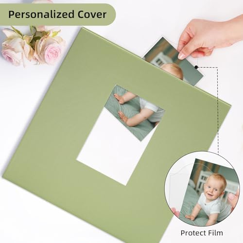Vienrose Self Adhesive Photo Album Gift Set, Linen Cover Scrapbook with DIY Window, Holds 4x6 5x7 8x10 Photos, 30 Sheets 60 Pages for Family Wedding Baby, Includes Pen, Card, Lace Strap, Green - Image 4