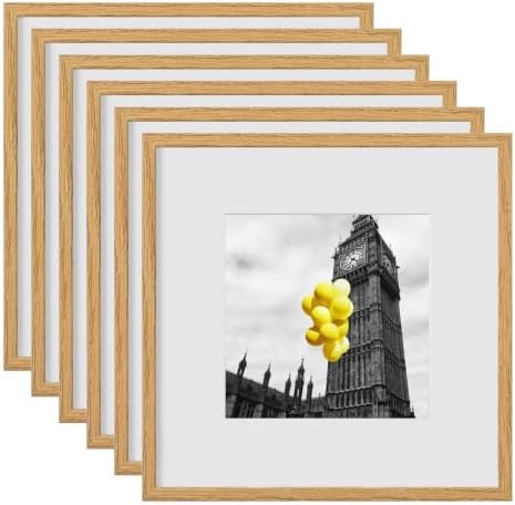 12x12 Picture Frame Set of 6, Display Pictures 8x8 with Mat or 12x12 Without Mat, Tabletop Display and Wall Hanging Photo Frame, Gallery Wall Frame Set, Honey Oak by BSRHOME