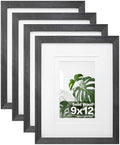 Egofine 9x12 Picture Frames Set of 4, Made of Solid Wood Covered by Plexiglass 5x7 and 6x8 with Mat or 9x12 without Mat, for Table Top Display and Wall Mounting Photo Frame Rustic Black by Egofine
