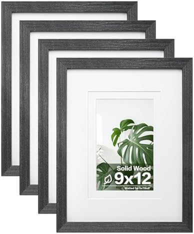 Egofine 9x12 Picture Frames Set of 4, Made of Solid Wood Covered by Plexiglass 5x7 and 6x8 with Mat or 9x12 without Mat, for Table Top Display and Wall Mounting Photo Frame Rustic Black by Egofine