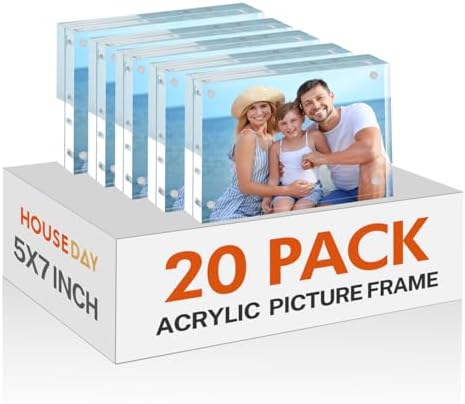 HOUSE DAY Acrylic Picture Frames 5x7, 20 Pack Magnetic 5x7 Picture Frame, Double Sided Clear 5 x 7 Photo Frame with Microfiber Cloth, Frameless FreeStanding 5 x7 Frame Gift for Desktop Display by HOUSEDAY