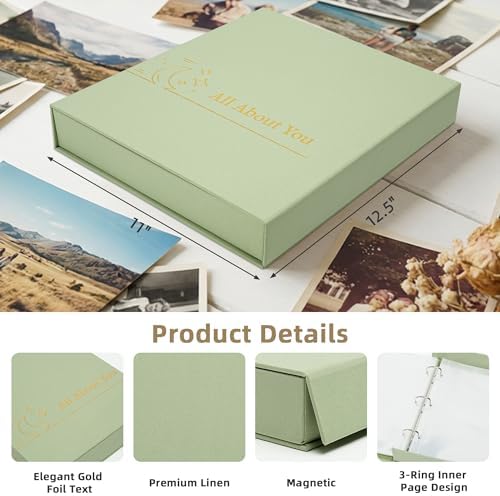 4x6 Photo Storage Box with 3-Ring Slip-In Album, Linen Binder Organizer with Gold Foil Cover, Holds 310 Photos with Blank Memo Cards for Memories & Keepsakes, Light Green - Image 3
