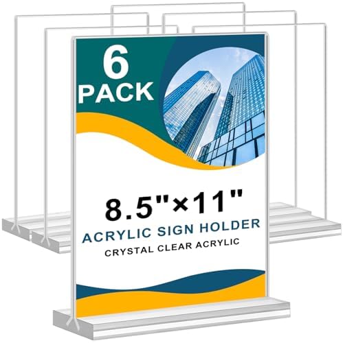 Arrobust Acrylic Sign Holder 8.5 x 11, Double Sided Clear Acrylic Display Table Signs Stand, T Shape Flyer Holder Plastic for Picture Paper Frame Holder Home Office Menu Retail Show Fair, 6 Pack by Arrobust