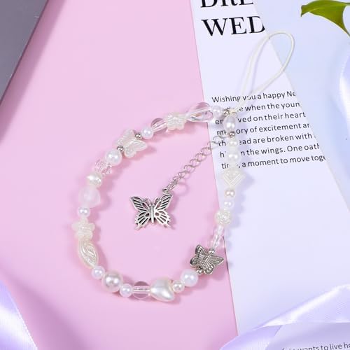 Camera Charm Strap Beaded Wrist Strap Butterfly Cellphone Lanyard Y2K Phone Charms Cute Pearl Digital Camera Charm Lanyard Aesthetic Phone Wrist Straps for Women Girls - Image 7