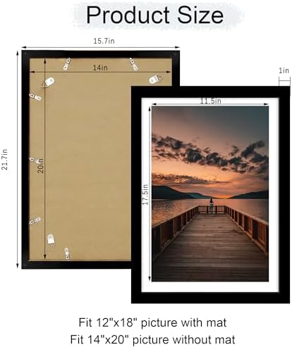 14x20 Poster Frame Set of 2, 14 x 20 Wood Picture Frames with Mat for 12x18, Wooden Photo Frame with Tempered Glass Cover for Wall Mounting Display, Black - Image 5