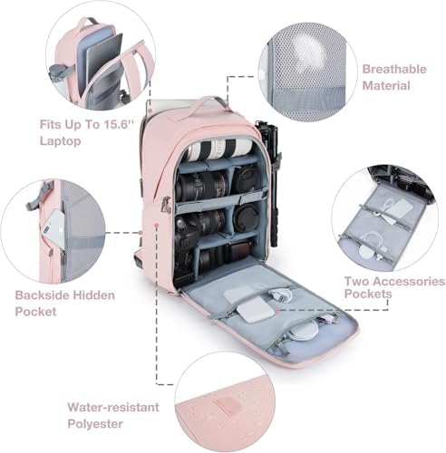 BAGSMART Camera Backpack, DSLR SLR Camera Bag Backpack Fits 15.6 Inch Laptop, Waterproof Camera Case for Photographers and Women,with Rain Cover,Tripod Holder,Pink - Image 3
