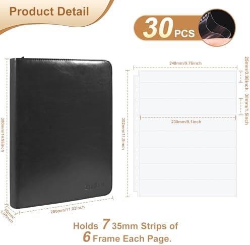 35mm Film Negative Storage Binder Box Kit - 30 Pcs Clear Sleeves, 135 Film Negative Holder for 3 Ring Binder, Acid-Free Protector, Storage Sheets for Film Travel Organization, Holds 1260 Frames, Black - Image 2