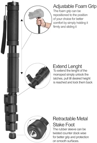 62 Inch Camera Monopod – Lightweight 4-Section Aluminum Travel Monopod with Safety Strap for DSLR, Mirrorless & Video Cameras - Image 2