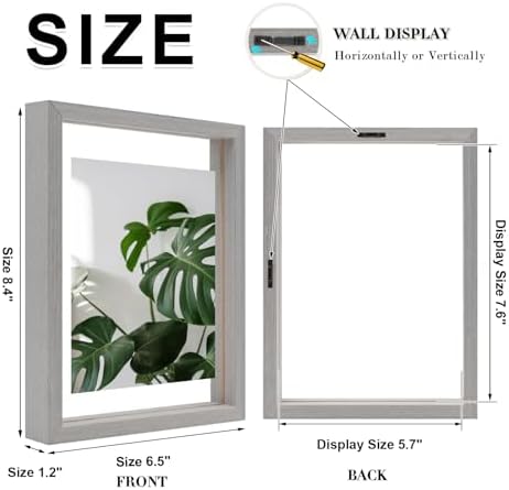 Egofine 6x8 Floating Frames Set of 2, Double Plexiglass Picture Frame, Made of Solid Wood Display Any Size Photo up to 6x8, Wall Mount or Tabletop Standing, Light Grey - Image 2
