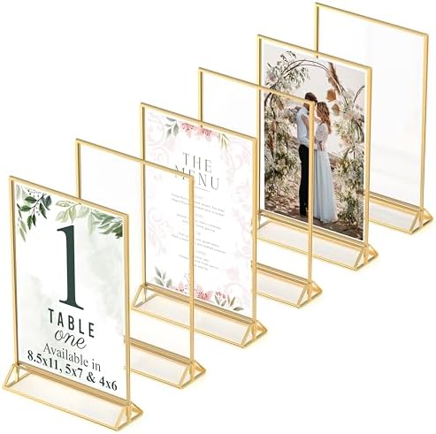 Gold Picture Frames Double-Sided, 6-Pack 8.5x11 Acrylic Table Number Holders, Clear Easel Stands for Signs, Gold Frames for Wedding Table Numbers, Menu Holders, and Photo Displays for Events and Décor by DasherProducts