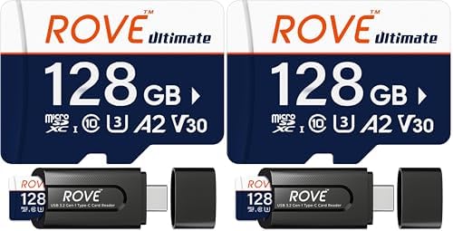ROVE Ultimate Micro SD Card microSDXC 128GB Memory Card with USB 3.2 Type C Card Reader 170MB/s C10, U3, V30, 4K, A2 for Dash Cam, Android Smart Phones, Tablets, Games (Pack of 2) by ROVE
