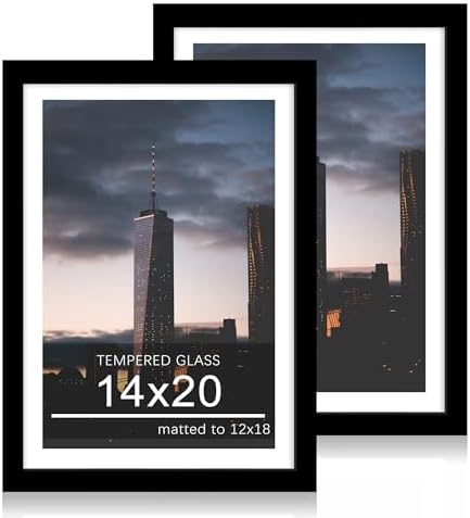 14x20 Poster Frame Set of 2, 14 x 20 Wood Picture Frames with Mat for 12x18, Wooden Photo Frame with Tempered Glass Cover for Wall Mounting Display, Black by CCDCC