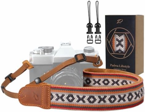 Padwa Lifestyle Camera Strap - 1.5" Crazy Horse Cowhide Ends Embroidered Camera Straps for Photographers, Cute Cotton Weave Soft Suede Fabric Padded Strap fits All Cameras for Adults & Kids by PadwaLifestyleCameraStrap