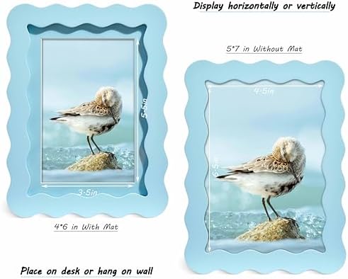 5x7 Blue Picture Frame with Mat for 4x6, Curved Wavy Edge Deco Wooden Real Glass, Vertical or Horizontal Display Photo Gallery Wall & Tabletop Frame - Image 3