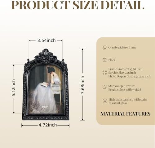 Cuspin 4x6 Black Picture Frame Vintage Ornate Arched Gothic Photo Frame - Image 6