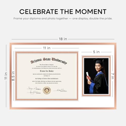 Homeforia 11x18 Rose Diploma Frame, High-End Metal, 8.5x11 & 5x7 Mat - Image 2