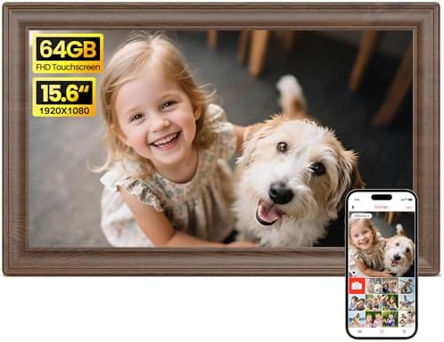 64GB 15.6" Frameo Digital Picture Frame WiFi, Large Electronic Photo Frames Wood 1920 x 1080 IPS FHD Touch Screen, Send Photos from Your Phone from Anywhere, Best Gifts for Family and Friends by BIGASUO
