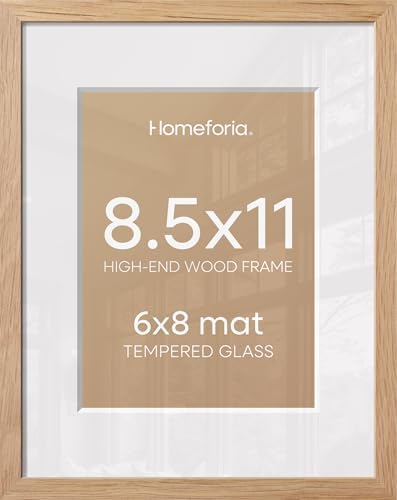 Homeforia 8.5x11 Natural Oak Picture Frame, High-End Wood, 6x8 Mat, Glass by Homeforia