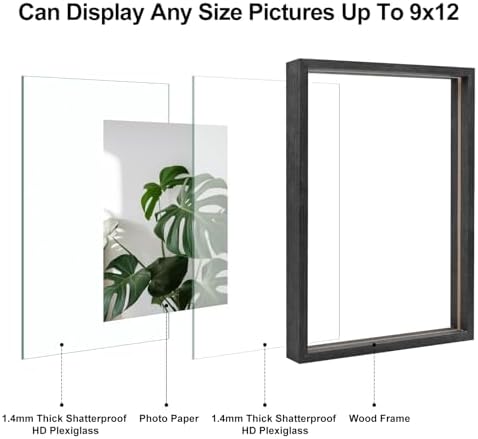 Egofine 9x12 Floating Frames Set of 2, Double Plexiglass Picture Frame, Made of Solid Wood Display Any Size Photo up to 9x12, Wall Mount or Tabletop Standing, Faded Black - Image 2
