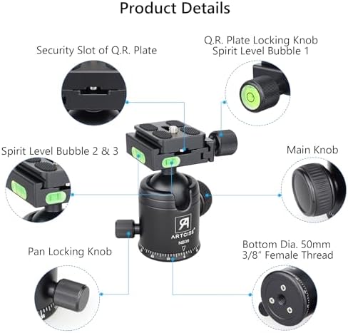 ARTCISE Tripod Ball Head Camera Tripod Ball Head Mount 36mm Diameter Ball ARTCISE All Metal CNC Professional Aluminium 360 Rotating Panoramic Ball Head Max Loading 33lbs - Image 5