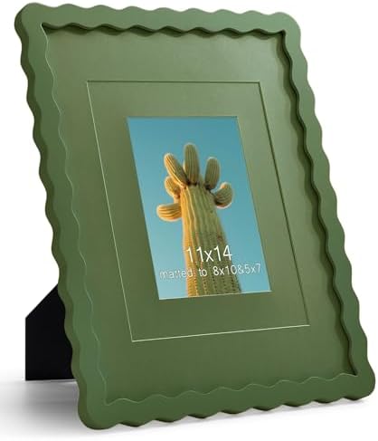 11x14 Green Picture Frame with Mat for 8x10/5x7, Curved Wavy Edge Deco Wooden Real Glass, Vertical or Horizontal Display Photo Gallery Wall & Tabletop Frame by Gdfmsc