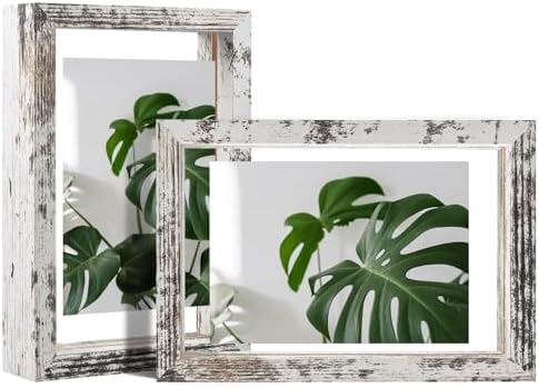 Egofine Distressed White 4x6 Floating Frames Set of 2, Double Plexiglass Picture Frame, Made of Solid Wood Display Any Size Photo up to 4x6, Wall Mount or Tabletop Standing by Egofine