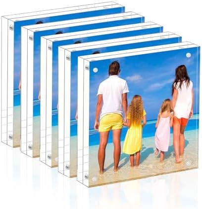 Meetu Acrylic 5x5 Picture Frame 5 Pack Clear Two Sided Desk Photo Frame Magnetic Frame Inner Size 4x4 with Gift Pack for Display Family Pictures Baby Photos Friends Pictures Pet Dog Picture by Meetu
