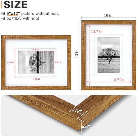 Egofine 9x12 Picture Frames 4PCS Covered by Plexiglass,Solid Wood Frames for Pictures 5x7/6x8 with Mat or 9x12 without Mat, Tabletop and Wall Mounting Display, Teak Wood - Image 3