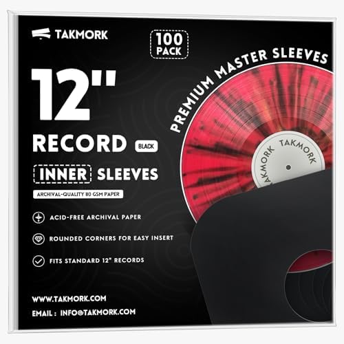 TAKMORK 12" Vinyl Record Inner Paper Sleeves, 33 RPM, 80gsm, Black, 100pcs by TAKMORK