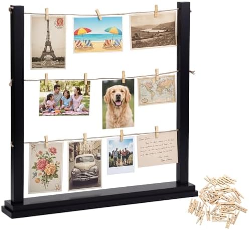 Cinnvoice Desk Photo Display Board with Clips Wooden Photo Holder for Table Picture Collage Board Tabletop Black Collage Frame Picture Postcard Display Stand Classroom Wedding Anniversary Home Decor by QinYee