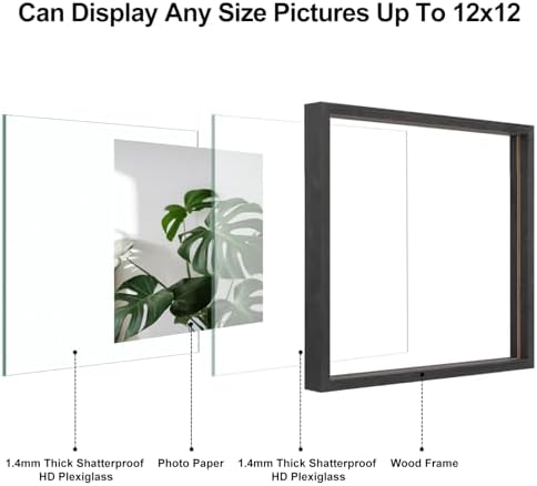 Egofine 12x12 Floating Frames Set of 2, Double Plexiglass Picture Frame, Made of Solid Wood Display Any Size Photo up to 12x12, Wall Mount or Tabletop Standing, Faded Black - Image 3