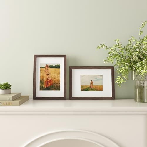 Egofine A4 Picture Frames Set of 4, Made of Solid Wood Covered by Plexiglass 5x7 and 6x8 with Mat or A4 without Mat, for Table Top Display and Wall Mounting Photo Frame Brown - Image 5