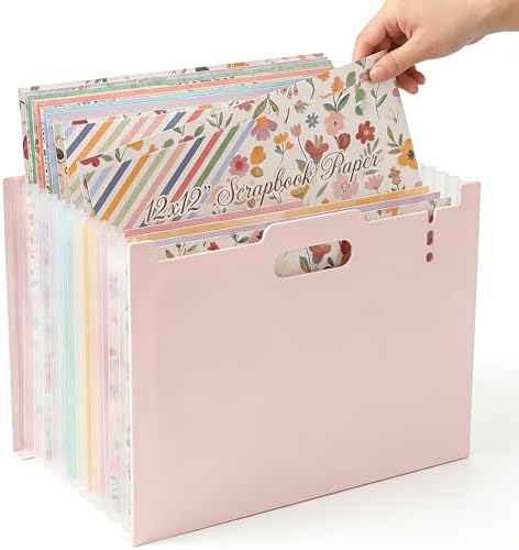12x12 Scrapbook Paper Storage Organizer with 13 Expandable Pocket, Large Scrapbook Storage for Craft Room Organization, Sticker Storage, Desktop Paper Holder (Pink) by ALTABOMBA