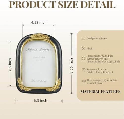 Cuspin 5x7 Picture Frame Black Gold Vintage Ornate Arched Resin Frame - Image 5