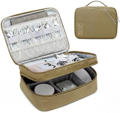 Lanola Electronic Accessories Case,Electronics Travel Organizer, Portable Double Layer Cable Storage Bag for Cord, Charger, Flash Drive, Phone, SD Card,Flash Drive,Adapter - Brown by Lanola