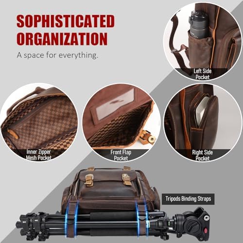 STAR VISTA Bernini Vintage Full Grain Leather Camera Backpack for DSLR/SLR, Camera Case for Photographers, with Tripod Holder, Fits 15.6" Laptop, Casual Outdoor Rucksack, YKK Zippers - Image 5