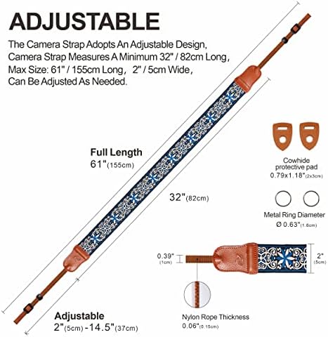 Padwa Lifestyle Blue Floral Camera Strap - 2" Cowhide Head Camera Straps for Photographers,Vintage Jacquard Embroidery Woven Cotton Adjustable Shoulder Neck Straps for Cameras,Binoculars - Image 5
