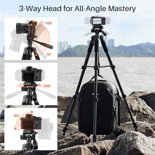 74'' Camera Tripod, Fotopro Lightweight Aluminum Travel Tripod for DSLR Camera and Phone with Detachable 3-Way Pan-Tilt Head Carry Bag and Mount Phone Stand for Video Recording Live Streaming - Image 3