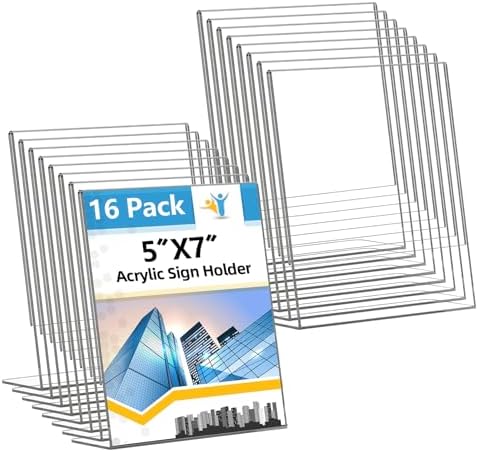 Acrylic Sign Holder 5x7 Inches, 16 Pack Clear Plastic Table Paper Display Stand, L-Shape Vertical Menu Holder Stand, Clear Picture Photo Flyer Display Stand for Restaurants, Store Show, Office Desktop by Unknown