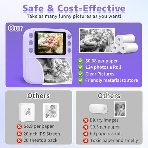 Instant Print Camera for Kids, Christmas Birthday Gifts for Girls Boys, 1080P Instant Digital Print Cameras for Toddler,Portable Toy for 4 5 6 7 8 9 10 Year Old Girl with 32GB SD Card，Purple - Image 5