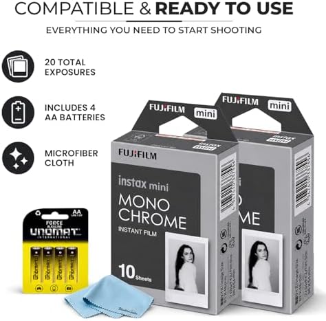 FUJIFILM Instax Mini Monochrome Instant Film (20 Shots) + 4 AA Batteries + BluebirdSales Microfiber Cleaning Cloth – Creative Photography Bundle (20 Shots Monochrome) - Image 2