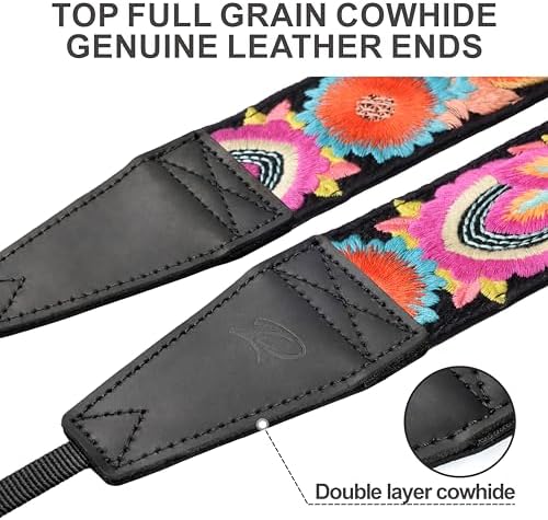 Padwa Lifestyle Colorful Knit Camera Strap - 2" Full Grain Leather Ends Camera Straps for Photographers, Vintage Embroidered Cotton Soft Suede Fabric Padded Strap Quick Release fits All Cameras - Image 2