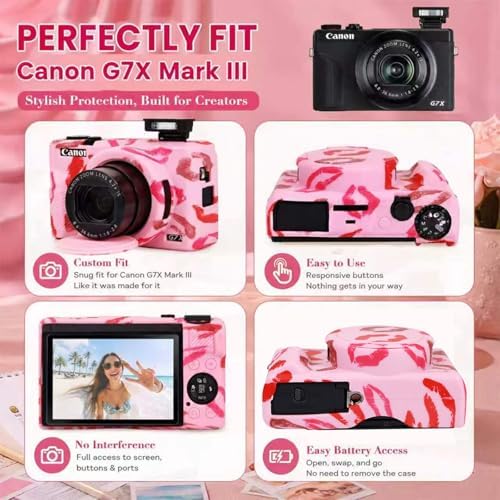 Cute Camera Case for Canon G7X Mark III,Silicone Protective Cover with Removable Lens Cap,Bracelet Wrist Strap & 2 Pack Tempered Glass Screen Protector for Women (Pink Lips) - Image 5