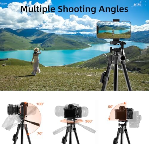 Fotopro Camera Tripod, 51'' Lightweight Portable Travel Tripods for Camera and Phone with 3-Way Head Remote Control Cellphone Holder Travel Bag, Aluminum Phone Tripod Stand for Recording LiveStreaming - Image 3