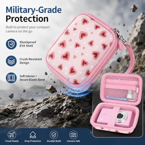 Digital Camera Case for KODAK PIXPRO FZ55/FZ45, for CAMKORY, for Canon PowerShot ELPH 180/190/360,for Sony DSCW800/W830, Hard EVA Compact Camera Bag with Mesh Pocket,Wrist Strap,Case Only(Light Pink) - Image 5