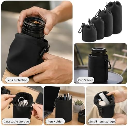 Camera Lens Bag, 4 Pack Protective Neoprene Lens Pouch with Drawstring & Carabiner, Lens Case for DSLR Camera Lens(S/M/L/XL) (XL 4pcs) - Image 5