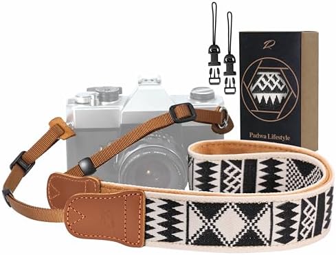 Padwa Lifestyle Diamonds Camera Strap - 1.5" Crazy Horse Cowhide Ends Camera Straps for Photographers, Cute Cotton Weave Soft Suede Fabric Padded Strap fits All Cameras for Adults & Kids by PadwaLifestyleCameraStrap