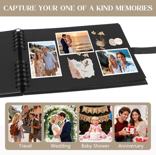 INNOCHEER Photo Album - Self Adhesive 80 Black Pages, Large Scrapbook Wedding Guest Book for DIY Anniversary Travel Memory Scrapbooking (Black 8X12) - Image 5