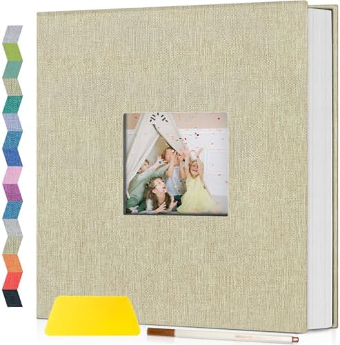 Popotop Photo Album Self Adhesive with Picture Display Window,40 Pages DIY Scrapbooking Supplies Kit for 4x6 8x10 Picture,Linen Cover Memory Book for Baby Wedding, with Scraper and Metallic Pen by Popotop